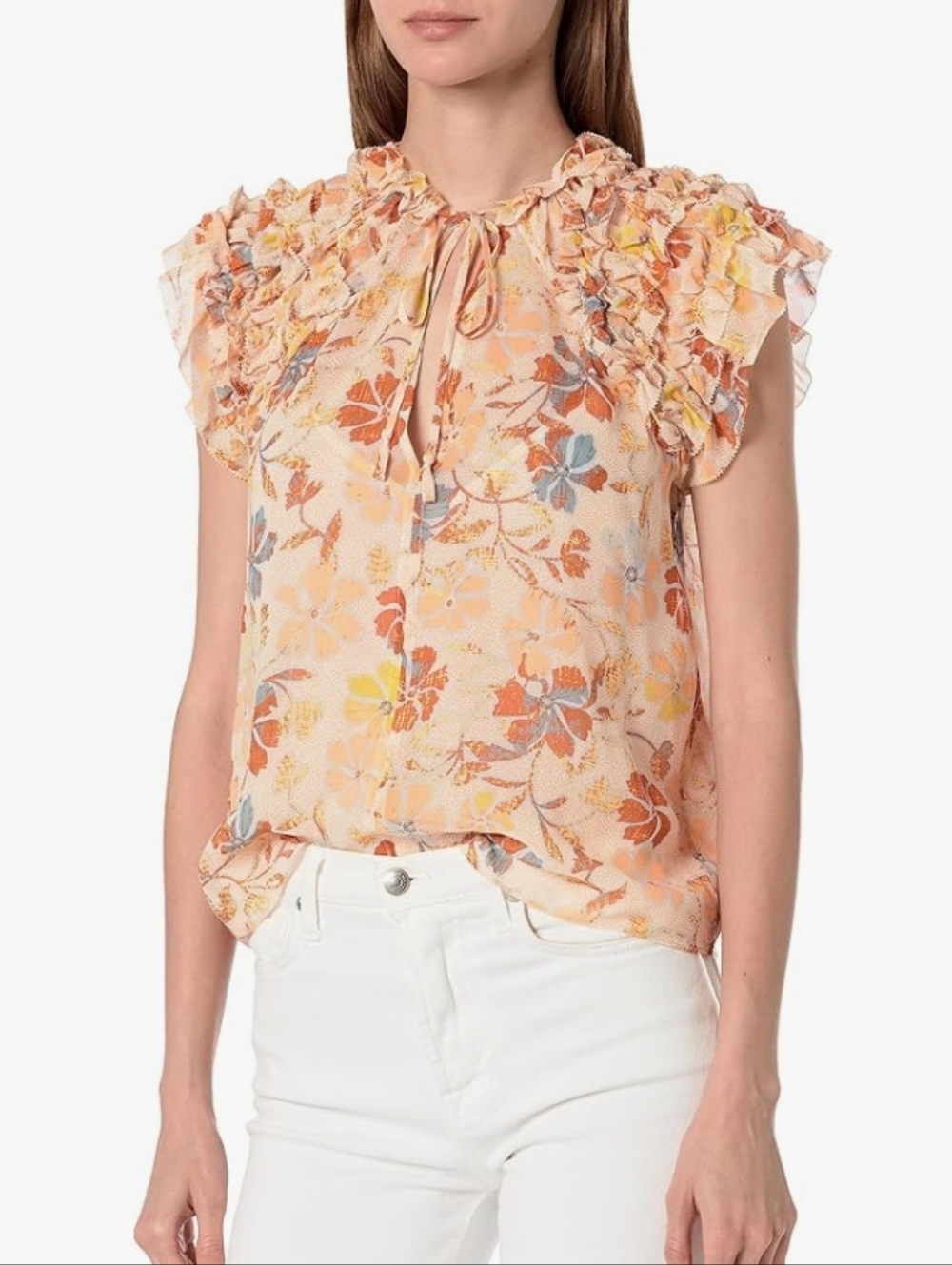 Joie Floral V-Neck Tie Short Sleeve Silk‎ Top
